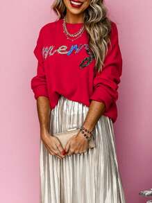 Women's Carnival Fiery Red Tinsel Merry Letter Drop Shoulder Baggy Sweater - Red - View 5