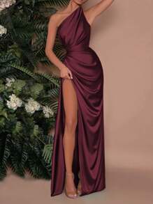 Elisanya WOWDARK 女士春季纯色垂褶不对称领无袖褶皱简约开衩下摆连衣裙，派对礼服，婚礼宾客礼服