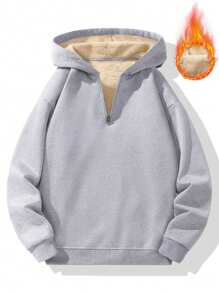 Moletom Masculino Casual com Capuz e Zíper Parcial, Forrado em Fleece, Grosso, Outono/Inverno