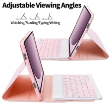 适用于三星 Galaxy Tab / iPad / Redmi Pad SE 的可拆卸彩色背光蓝牙键盘保护套，超薄轻巧支架保护套，带笔槽（不含 Apple Pencil），粉色保护套 + 粉色键盘 - 粉色 - 查看 3