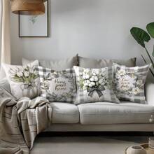 4pcs 17.7"X17.7" (45x45cm) Simple Plaid & Floral Print Cushion Covers (Single-Sided Printing), Suitable For Home Decor, Sofa, Bedroom, Car Pillow Covers (Inner Pillow Not Included)