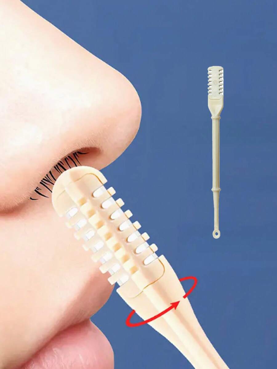 手动双面旋转鼻毛修剪器，清理鼻毛、掏耳勺二合一，无需电池，小巧方便携带，全身清洗，出差、旅行、工作、上学、居家，顶部弧形设计，全包裹梳子保护，不伤鼻道，家人、朋友、个人护理必备 - 米色 - 查看 1