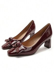 Women's Bowknot Metal Decor Chunky Heel Square Toe Slip-On High Heels, Fashion Casual Pumps In Black, Khaki, Burgundy, Autumn Valentines - Burgundy - View 7