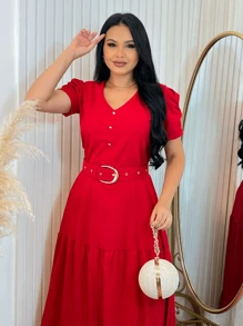 Long Loose Party Dress With V-Neck Belt - Red - View 2