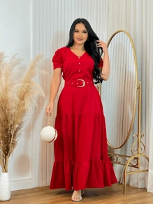 Long Loose Party Dress With V-Neck Belt - Red - View 4