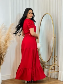 Long Loose Party Dress With V-Neck Belt - Red - View 3