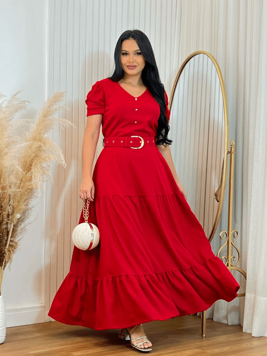 Long Loose Party Dress With V-Neck Belt - Red - View 1