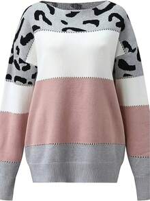 Women's Casual Daily Leopard Print Patchwork Knit Sweater, Autumn/Winter - Multicolor - View 1