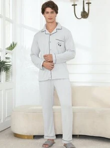 QIANNIANMA Herren Kardigansatz mit Kragen, langärmlig, Schlafanzug, bequemer und hautfreundlicher Stil, geeignet als bequeme Freizeitkleidung für Zuhause