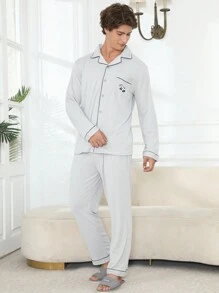 QIANNIANMA Herren Kardigansatz mit Kragen, langärmlig, Schlafanzug, bequemer und hautfreundlicher Stil, geeignet als bequeme Freizeitkleidung für Zuhause