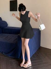女士无袖合身针织 A 字中长毛衣连衣裙 - 黑色 - 查看 7