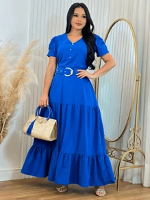 Long Loose Party Dress With V-Neck Belt - Blue - View 5