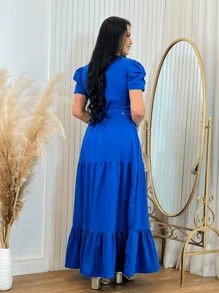 Long Loose Party Dress With V-Neck Belt - Blue - View 3