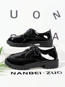 Giày lười buộc dây chống trượt kiểu Anh cỡ lớn cho nữ, lớp lót thoải mái, sơn bóng, màu đen đa năng, chất liệu PU mềm mại, kiểu giày bệt đại học - màu đen - Xem 4