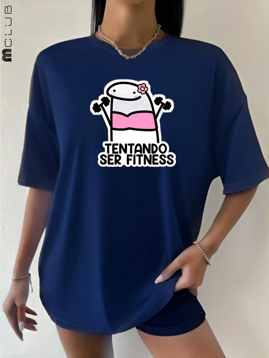 Women's T-Shirt Trying To Be Fitness Gym Printed Tshirt Blogger Cotton Unisex Shirt - 藏蓝色 - 查看 1