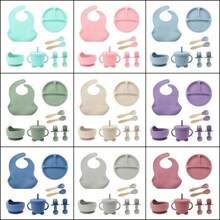 Silicone Baby Cutlery 8 Pieces Children's Cutlery Kit With Suction Cup Straw Spoon Bib Fork - Màu xanh nhạt - Xem 2