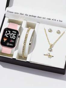 Fashionable 6 Pieces Rhinestone Jewelry Set, Women Pink PVC Strap Stylish Square Dial Digital Watch And Heart Rhinestone Jewelry Necklace/Suitable For Daily Wear, Valentine's Day Gift