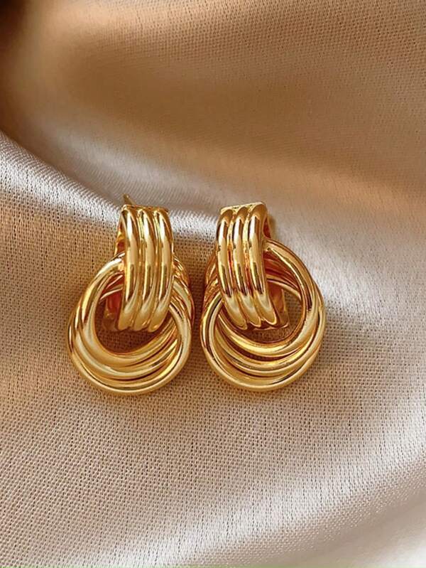 1pair Fashionable Gold Tone Alloy Multi-Turn Knotted Design Stud Earrings For Women, Double Hoop Studs, Statement Dangling Earrings, Unique Earrings • Anniversary Gift For Wife