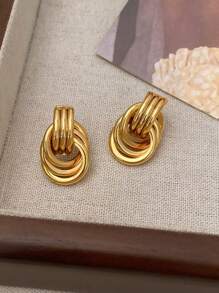 1 paire de boucles d'oreilles cloutées en alliage de ton doré à la mode avec design noué multi-tours pour femmes, boucles d'oreilles pendantes à double anneau, boucles d'oreilles pendantes uniques. Cadeau d'anniversaire pour épouse - Doré - Voir 3
