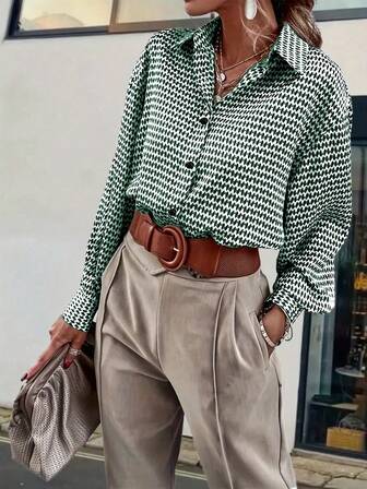 女士全印花长袖休闲衬衫，适合通勤，秋季