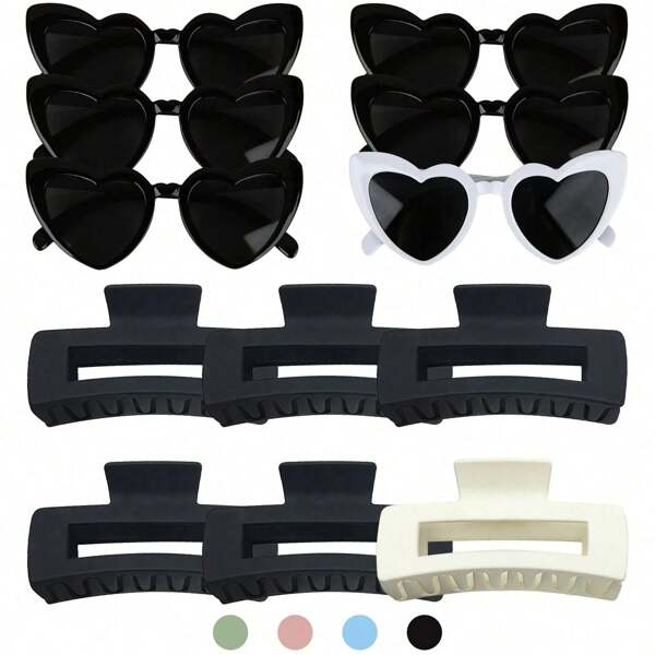 12pcs Wedding Party Favors Suitable ,The Set Includes 6 Pieces Square Matte Hairpins , And 6 Pieces Love Glasses, Fashionable And Cute Hairpin Glasses, Suitable For Wedding Party Gifts