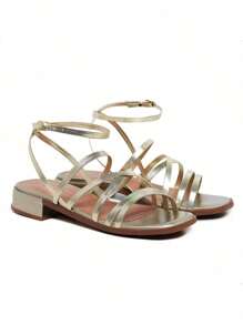 Women's Party Flat Sandal Low Square Heel With Straps Basic Comfortable Elegant Adjustable Ankle Closure Low Heel Soft Sole Lightweight - 金色 - 查看 1