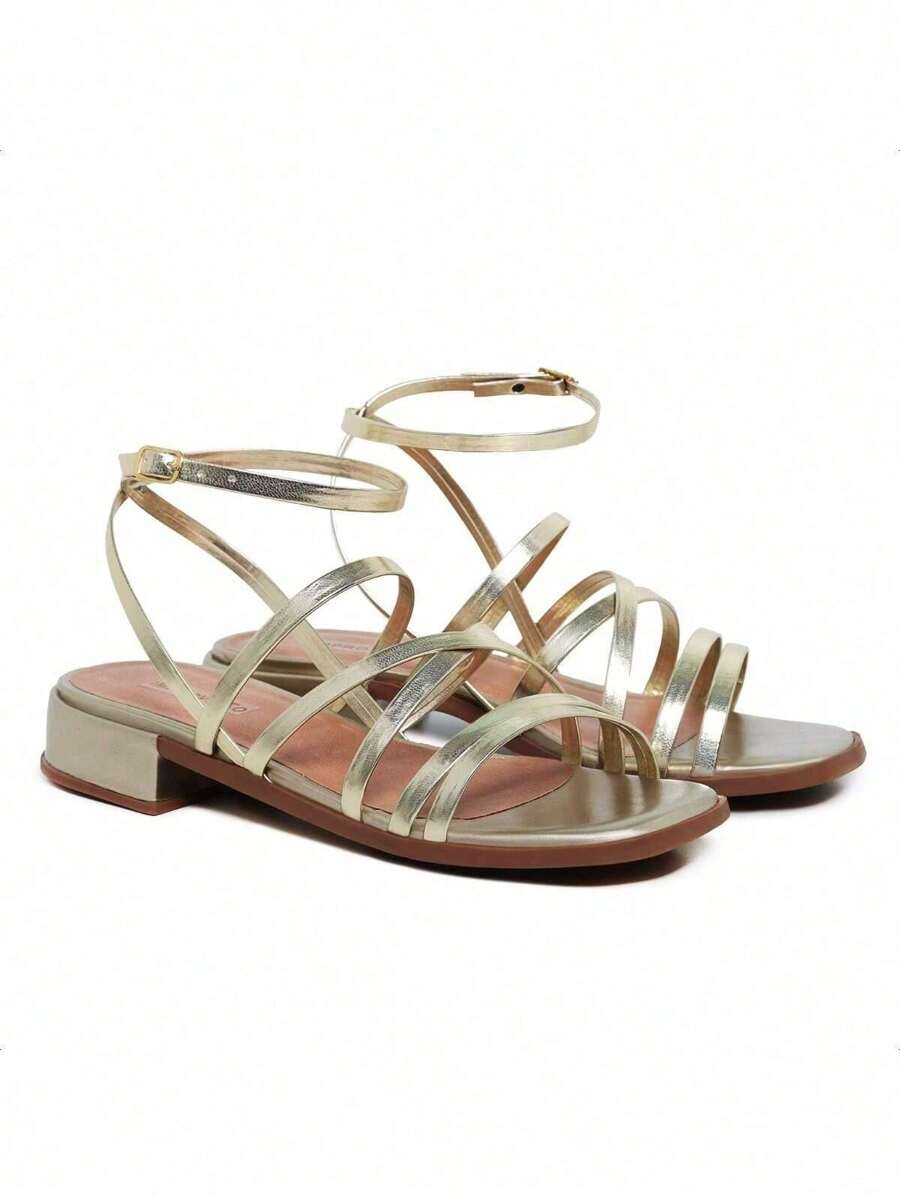 Women's Party Flat Sandal Low Square Heel With Straps Basic Comfortable Elegant Adjustable Ankle Closure Low Heel Soft Sole Lightweight - 金色 - 查看 1