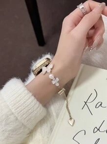 1pc Luxury Shiny Faux Pearl Pink Butterfly Metal Watch Bracelet Compatible With Apple Watch Band Series 11 10 9 8 7 6 5 4 3 2 1 38mm 40mm 41mm 42mm 44mm 45mm 46mm 49mm Ultra 1/2/3 SE Wristband Replacement For Strap,Best Gift For Birthday,Valentine's Day,Mother's Day To Girlfriend,Mother(Only Watch Band)