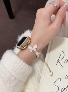 1pc Luxury Shiny Faux Pearl Pink Butterfly Metal Watch Bracelet Compatible With Apple Watch Band Series 11 10 9 8 7 6 5 4 3 2 1 38mm 40mm 41mm 42mm 44mm 45mm 46mm 49mm Ultra 1/2/3 SE Wristband Replacement For Strap,Best Gift For Birthday,Valentine's Day,Mother's Day To Girlfriend,Mother(Only Watch Band)