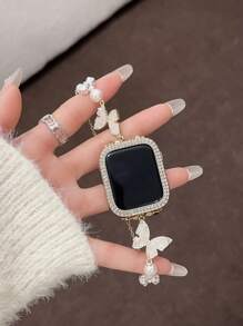 1pc Luxury Shiny Faux Pearl Pink Butterfly Metal Watch Bracelet Compatible With Apple Watch Band Series 11 10 9 8 7 6 5 4 3 2 1 38mm 40mm 41mm 42mm 44mm 45mm 46mm 49mm Ultra 1/2/3 SE Wristband Replacement For Strap,Best Gift For Birthday,Valentine's Day,Mother's Day To Girlfriend,Mother(Only Watch Band)