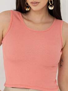 Women's Cropped Tank Top In Ribbed Fabric With Elastane Summer Fashion - 珊瑚粉 - 查看 4