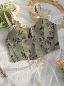 1pc Floral Print Fashionable Cami Backless Butterfly Lace-Up Cropped Corset Top, Elegant Design