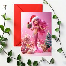 1pc/2pcs Elegant Design, Adorable Mermaid Printed Christmas Invitations, Greeting Cards, Birthday Cards, Perfect Christmas Gift, With Envelopes, Suitable For Family, Friends, Daughters, Nieces, Granddaughters