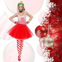 4 Stücke/Set Weihnachts-Kostüm-Accessoires für Frauen, bestehend aus Weihnachtsmann-Mütze mit Zuckerstangen, Zuckerbrillen, Tüllrock und gestreiften Socken