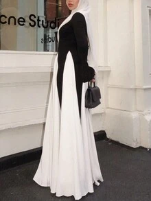 1 Piece Of Fashionable Women's Two-Color Contrast Gradient Style Long Dress, Soft Spring Tones Long Sleeve Cuffs Middle Eastern Dress Abaya, Modest