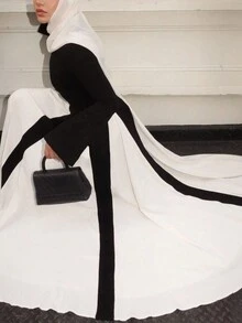 1 Piece Of Fashionable Women's Two-Color Contrast Gradient Style Long Dress, Soft Spring Tones Long Sleeve Cuffs Middle Eastern Dress Abaya, Modest