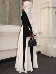 1 Piece Of Fashionable Women's Two-Color Contrast Gradient Style Long Dress, Soft Spring Tones Long Sleeve Cuffs Middle Eastern Dress Abaya, Modest