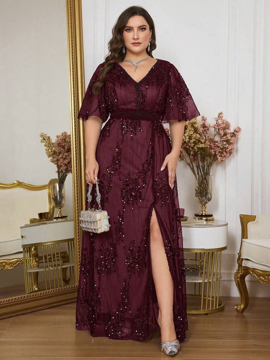 Plus Size Burgundy V-Neck Long Dress With Ruffle Sleeves And Sequin Decor