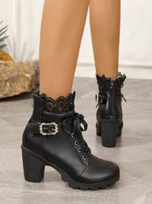 Botines de plataforma con cordones, de suela gruesa, impermeable y tacón ancho para mujer, Otoño/Invierno 2024