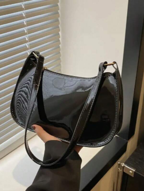 Bolsa Feminina Baguete de Ombro Brilhante com Fecho de Zíper