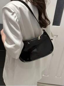 Women's Shiny Baguette Shoulder Bag With Zipper Closure - màu đen - Xem 3