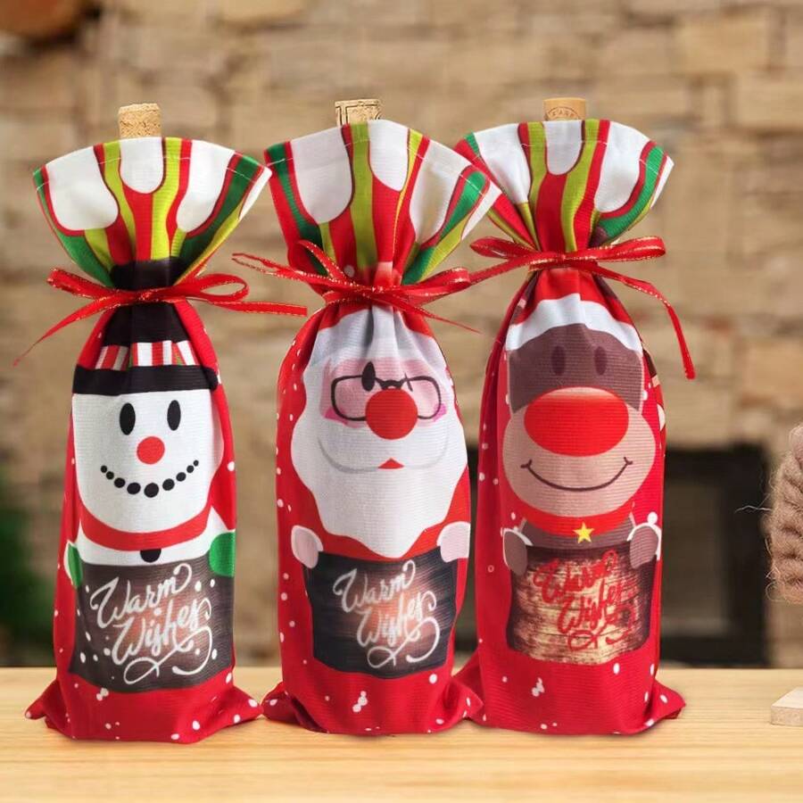 1set(3pcs)- -Creative Christmas Printed Bottle Cover, Red Wine Bottle Drawstring Decorative Cover, Christmas Holiday Party Dining Table Red Wine Bottle Decoration Supplies - View 1