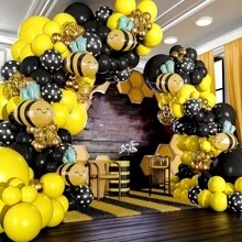 黑色、黄色和白色气球拱门、非洲菊和大黄蜂主题性别揭秘派对、迎婴派对、蜜蜂生日派对装饰品 - 彩色 - 查看 12