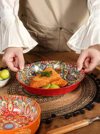 1pc 8-Inch Bohemian Style Ceramic Deep Plate, 4 Colors Available, Single/2pcs/4pcs Set, Suitable For Restaurant/Home Use, Pasta Plate, Dinner Plate, Housewarming Gift