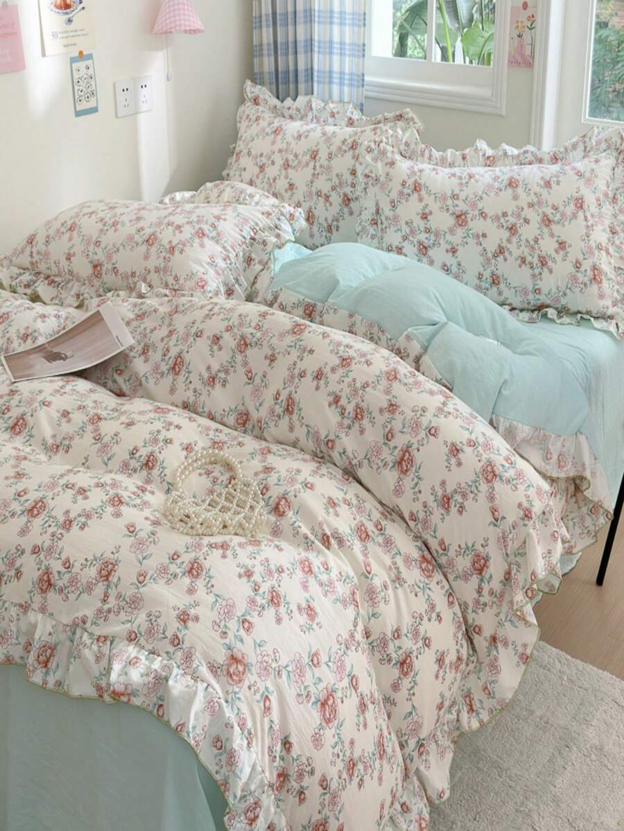 Bộ đồ giường giặt ren hoa 4 món bao gồm 1 vỏ chăn, 1 ga trải giường, 2 vỏ gối (không có ruột) - Màu xanh bạc hà - Xem 1