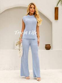 Women's Set Of Pants And Tank Top Knit Elegant Luxurious New Year's Eve - Baby Blue - View 2
