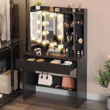 Black Dressing Table With Mirror, Vanity Dressing Table With Lights Adjustable Brightness, Bedroom Dressing Tables With Drawers And Open Shelves, Makeup Table Vanity Desk - Black - View 1