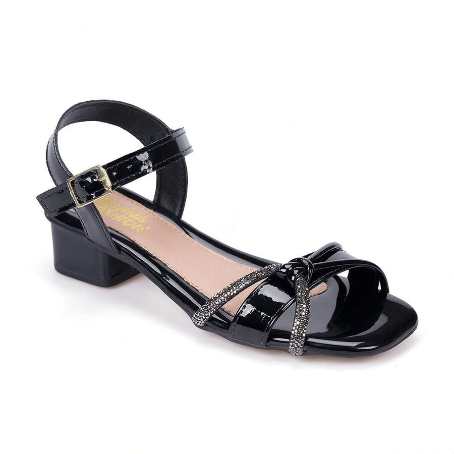 Children's Low Heel Sandals With Rhinestone Bow Strap - 黑色 - 查看 1