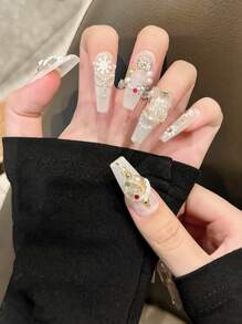Bộ 10 cây thông Noel màu trắng kèm nơ hợp kim hình bông tuyết trắng và ngọc trai giả trang trí móng tay, lâu trôi có thể tái sử dụng, bao gồm que gel thạch - trắng - Xem 3