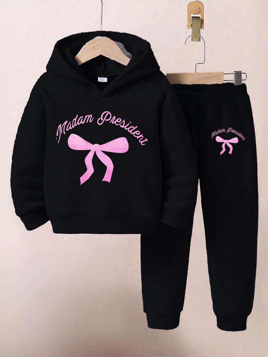 年轻女孩大粉色蝴蝶结蝴蝶图案字母印花羊毛休闲运动服连帽衫和裤子套装,秋冬 - 黑色 - 查看 1